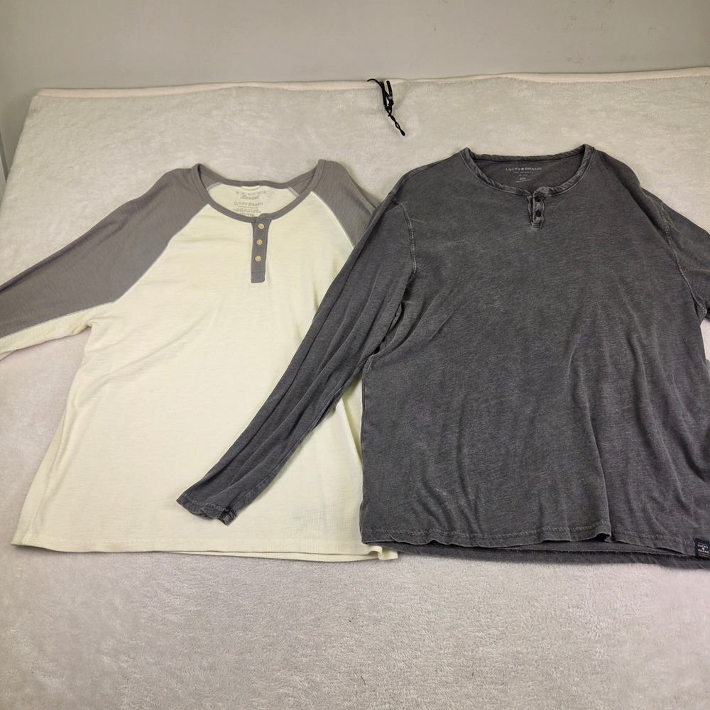 Lucky Brand Mens Henley Shirt Lot 2 XXL Venice Burnout Thermal Raglan Grey Cream